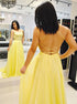 A Line Lace Up Yellow Tulle Long Prom Dress LBQ1481